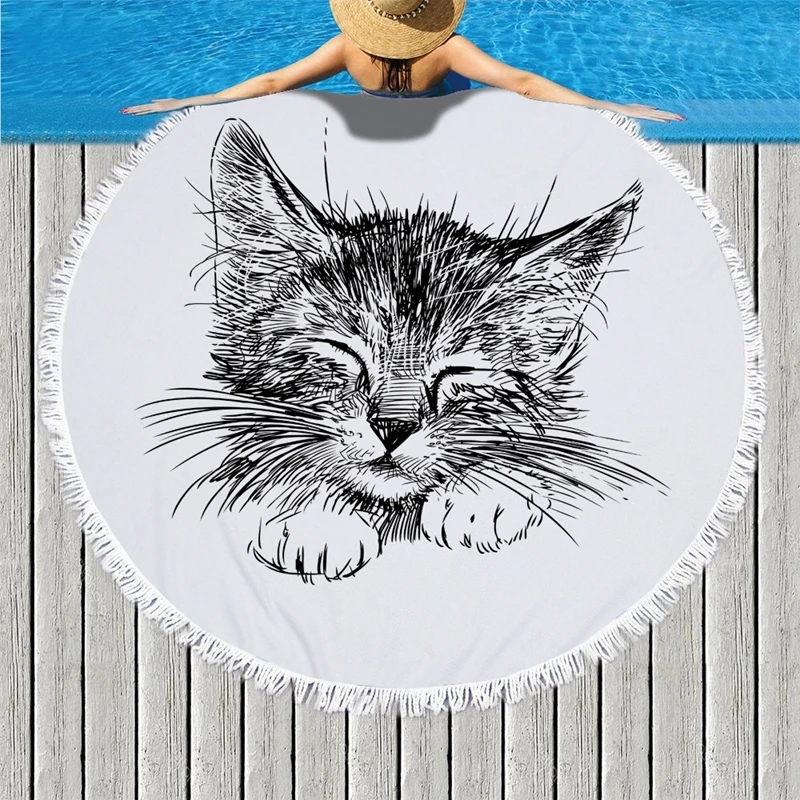 Акварель мультфильм кошка микрофибра круглый пляжное полотенце с кисточками для