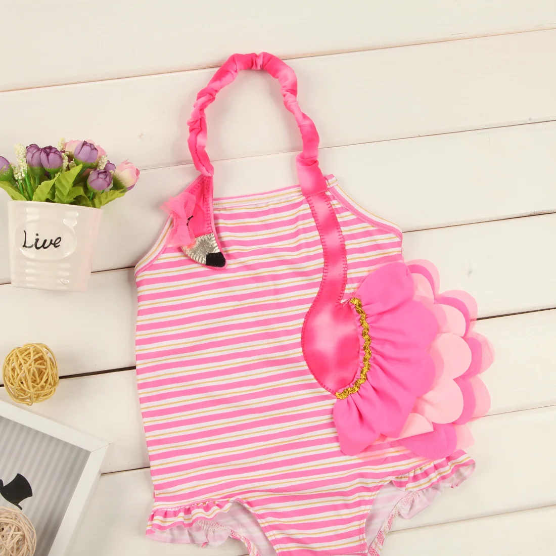 Цельный купальник с 3D фламинго для маленьких девочек Купальный костюм в полоску