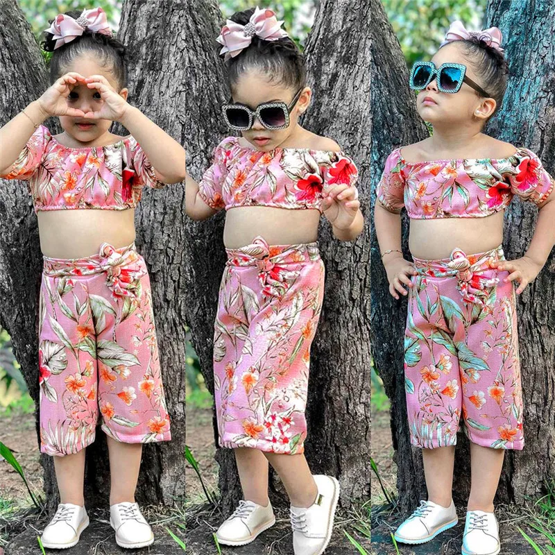 Fashion Kid Baby Girl Floral Clothes Sets Off Shoulder Short Sleeve Crop Tops Bow Wide Leg Pants 2Pcs Summer Outfits 18M-6Y | Мать и