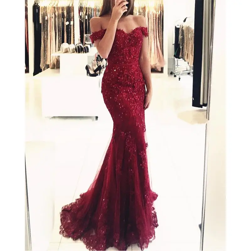 

Burgundy Off The Shoulder Prom Dresses Mermaid 2021 vestidos de fiesta de noche Lace Tulle Imported Party Dress Formal Gowns