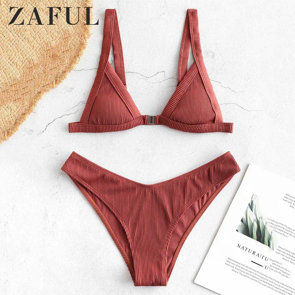 

ZAFUL Textured Ribbed Front Closure Bikini Set Women Wire Free Straps Bathing Suit Padded Elastic Sexy Swimwear Summer Beach
