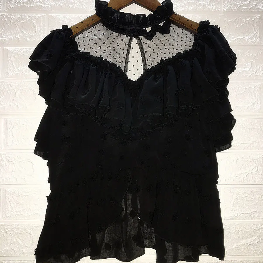 Женская сетчатая блузка LIVIVIO белая с оборками и рукавами в горошек на шнуровке