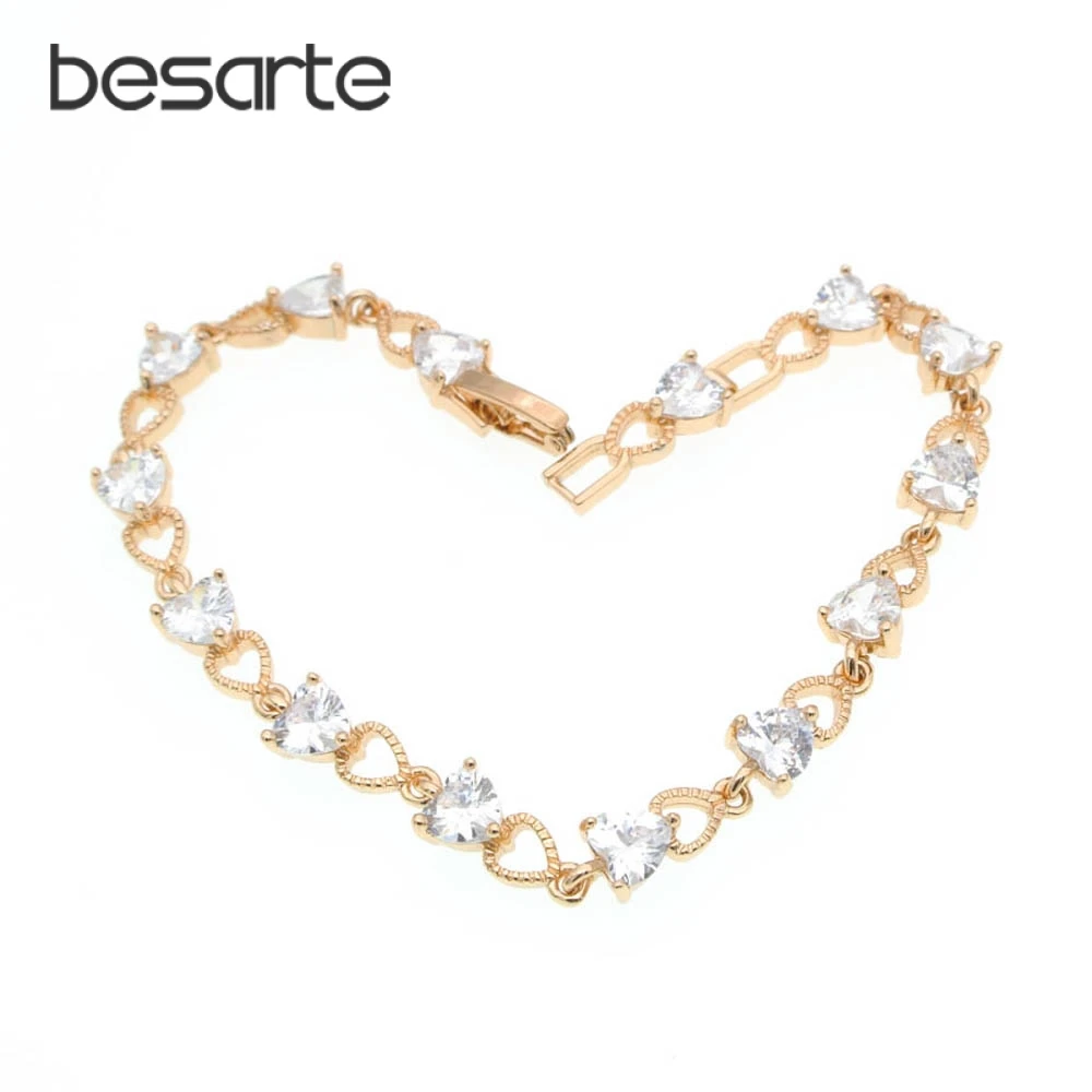 

19cm Heart Crystal Women Charm Bracelets Gold Femme Brazalete Pulseras Mujer Bracciali Donna Bilezik Armbandjes Wristband B1201