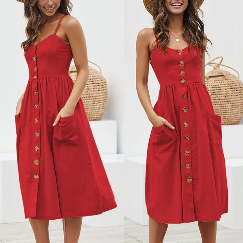 Женское летнее пляжное платье миди с v-образным вырезом на пуговицах | Женская