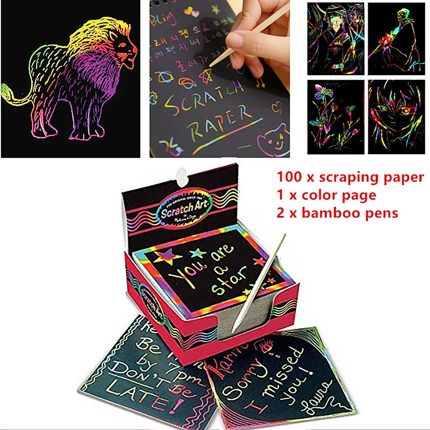 

100pcs Magic Color Scratch Art Paper Coloring Cards Available On Both Sides Scraping Drawing Toys For Children 8.5cm