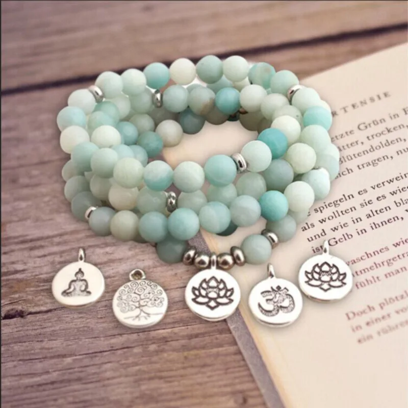 Mujer De Moda коврики Amazonita Cuentas Con Лотос Ом Будда Encanto Йога Pulsera 108 мала Воротник