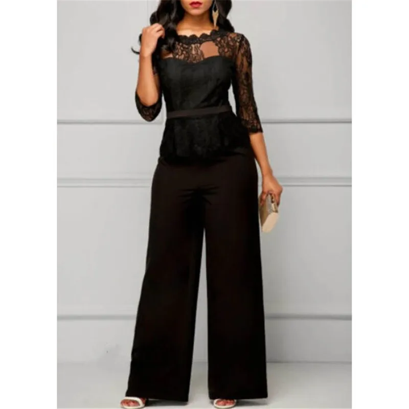 

Fashion Women Plus Size Jumpsuit Hot Sale Loose Solid Color Playsuit Party Romper Half Lace Sleeve Party Elegant Long Jumpsuit