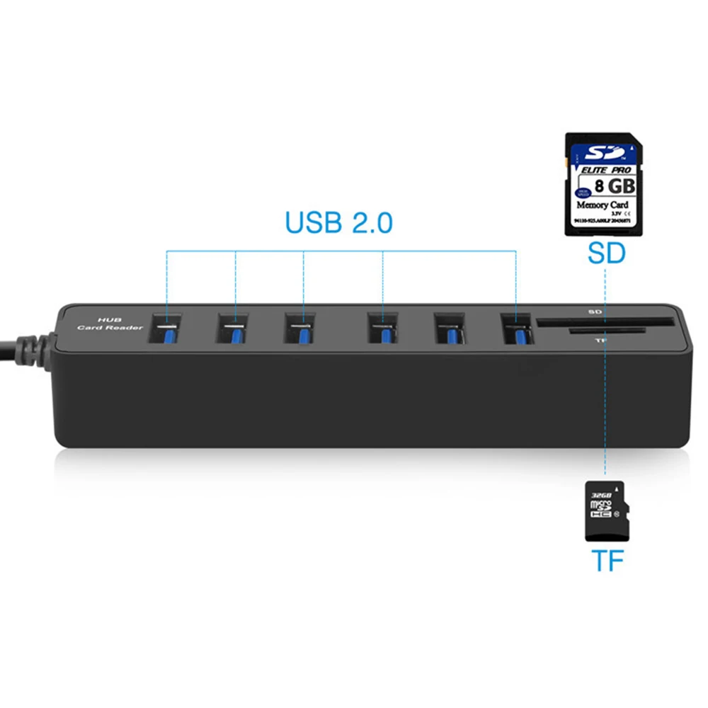 USB 2 0 концентратор usb хаб все в одном кард ридер расширитель 6 Порты HUB + TF/SD комбо