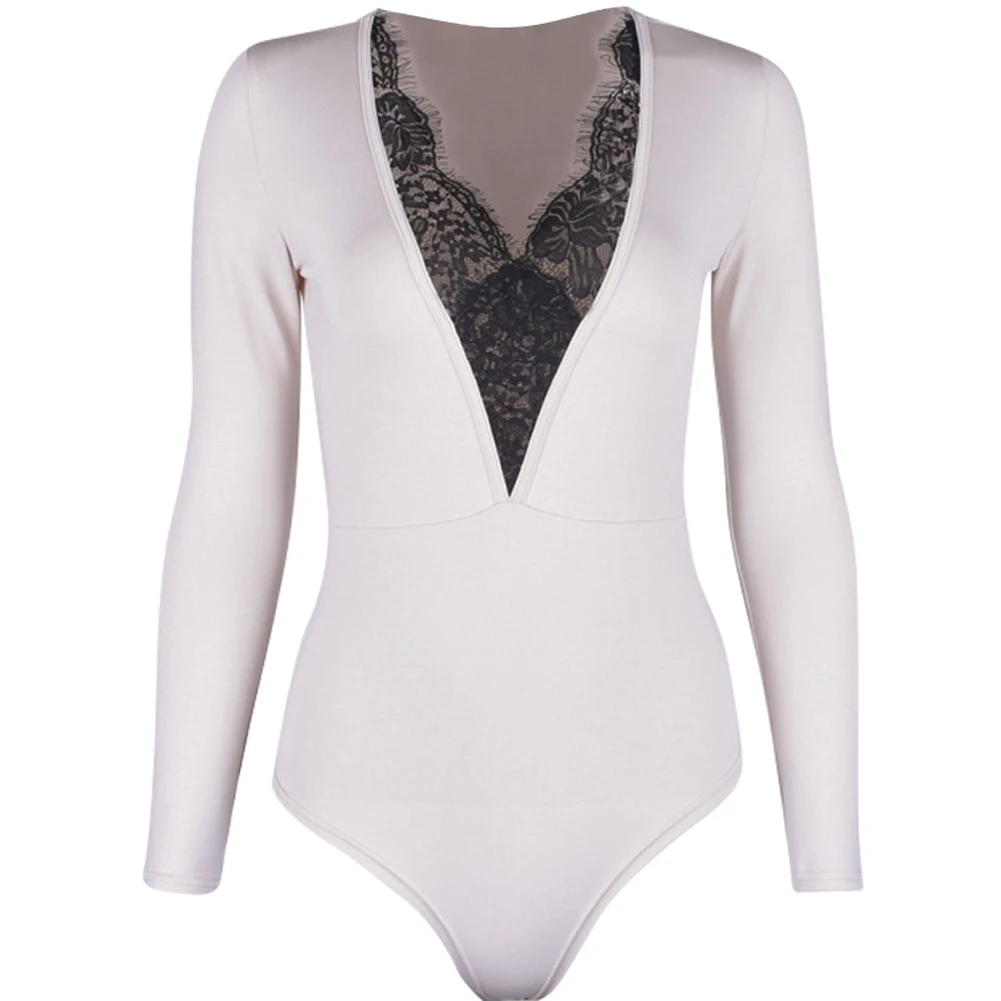 Sexy Women Lady Long Sleeve Bandage Bodysuit Leotard Top Lace Deep V Neck Sunsuit Clothing | Женская одежда