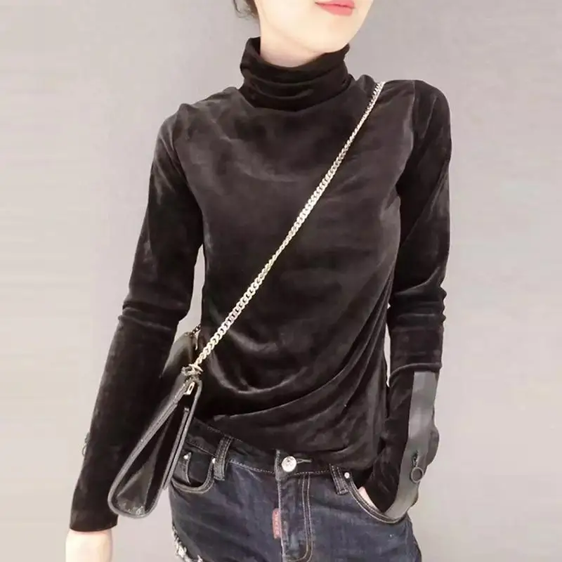 

2018 Fashion Woman Solid Velvet Sweaters Spring Korean Long Sleeve Pullover Half Turtleneck Short Velvet Sweater
