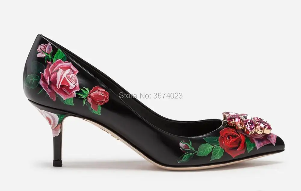 

Qianruiti Bridal Wedding Shoes Rose Print Party Heels Luxury Crystal Pumps Floral High Heels Pointed Toe Flower Stilettos Heels