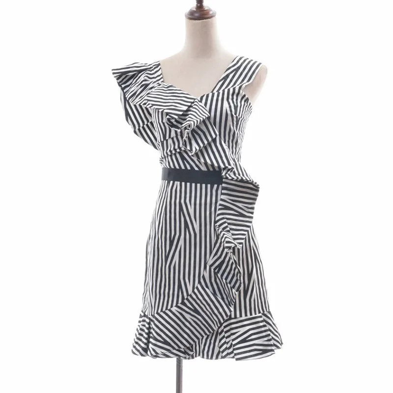 TWOTWINSTYLE Striped Dress Women Off Shoulder Irregular Ruffles Patchwork A Line Sexy Mini Dresses Female Summer Fashion Clothes | Женская