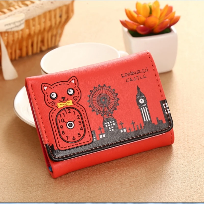 Женский кошелек в Корейском стиле с милыми кошками и часами короткий кожаный