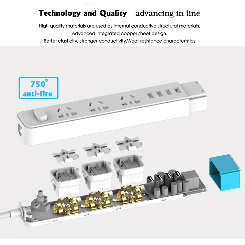 Удлинитель сетевой CLAITE на 2 розетки переменного тока 3 USB порта штепсельная вилка