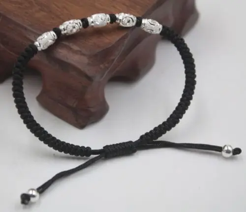 Solid 925 Sterling Silver Oval Bead Black Cord Knitted Bracelet Adjustable | Украшения и аксессуары