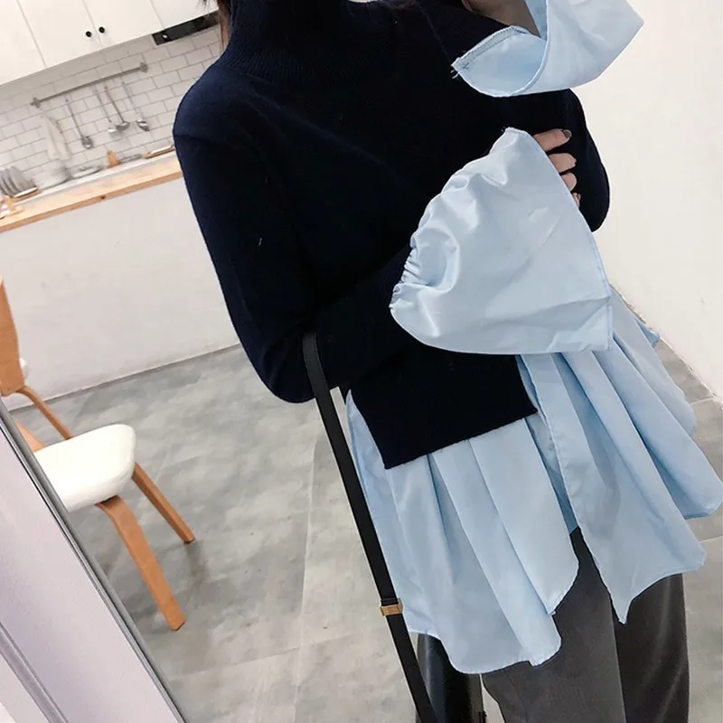 TWOTWINSTYLE Irregular Flare Sleeve Pullover Top Female Turtleneck Patchwork Knitting Sweater Women Korean Fashion 2019 Autumn | Женская