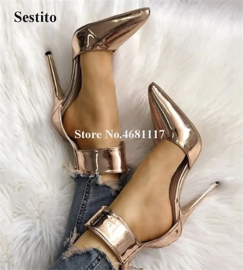 

Ankle Buckle Strap Gold Silver Pumps Pointed Toe High Heels Patent Leather Women Fashion Brand Stiletto Heel Sexy Dress Shoes