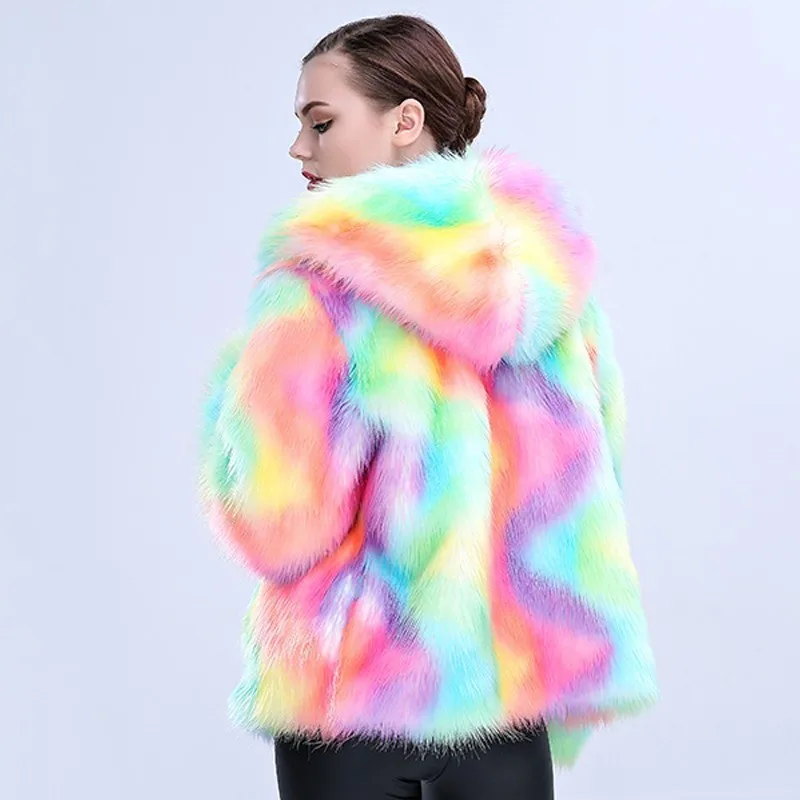 NEW 2018 Autumn Winter Woman Fashion Rainbow Color Faux FOX Fur Jacket Parka With Hood Warm Imitation Fur Coats Female Ls229