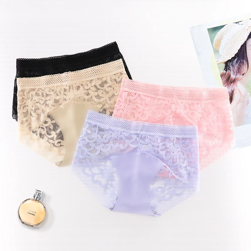 Sexy Lace Panties For Women Seamless Brief Transparent Briefs Lingerie Mid-Waist Cotton Ultra-thin Underwear Underpants 10pcs #D |