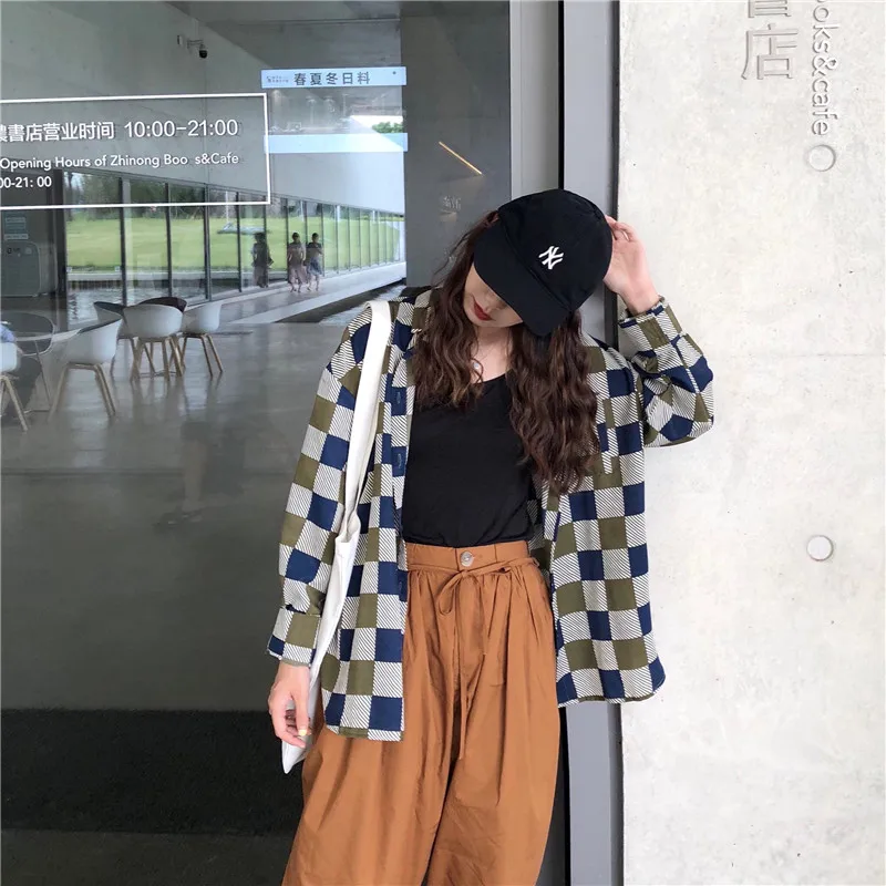 Личи девушки хит цвет плед пуговицы Длинная блузка отложной воротник с длинным