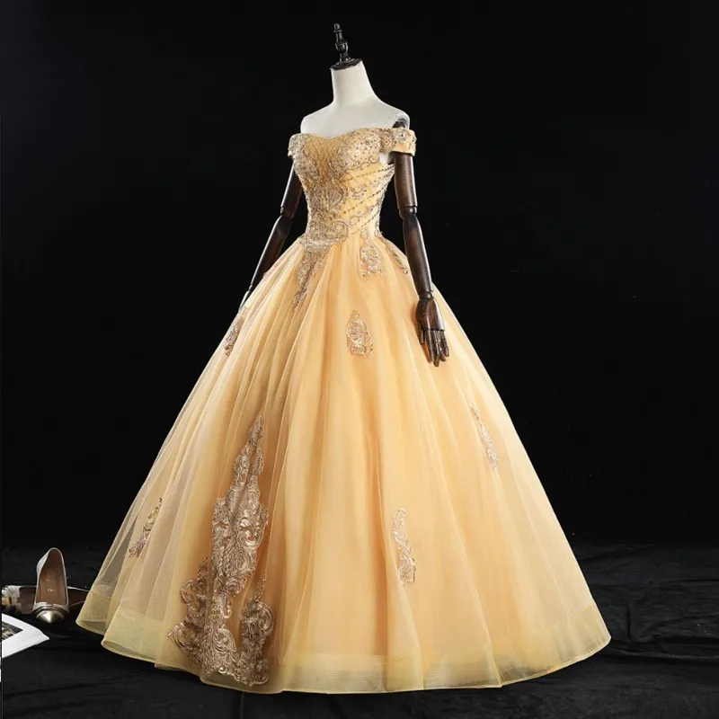 Роскошное Золотое бальное платье принцессы Quinceanera милые платья с открытыми