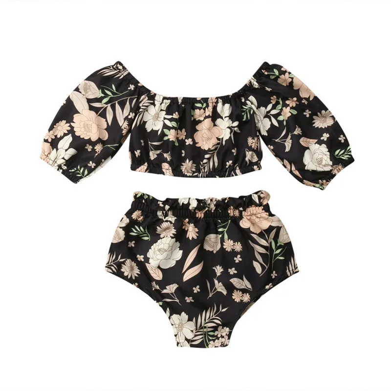 2 предмета одежда для маленьких девочек Футболка с цветочным принтом топы шорты