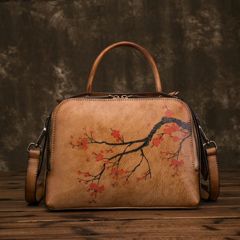 

Женская сумка из натуральной кожи, саквояж с ручками сверху, с принтом цветка сливы, мессенджер через плечо из натуральной кожи