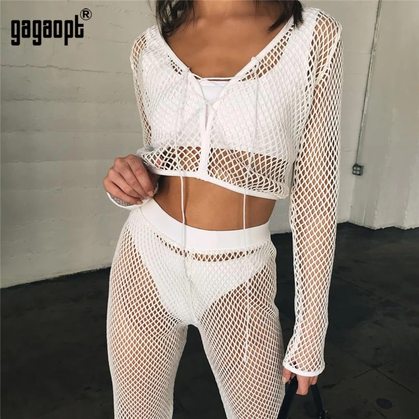 Женский спортивный костюм Gagaopt белый сетчатый топ + брюки 2 шт.|Спортивные костюмы|
