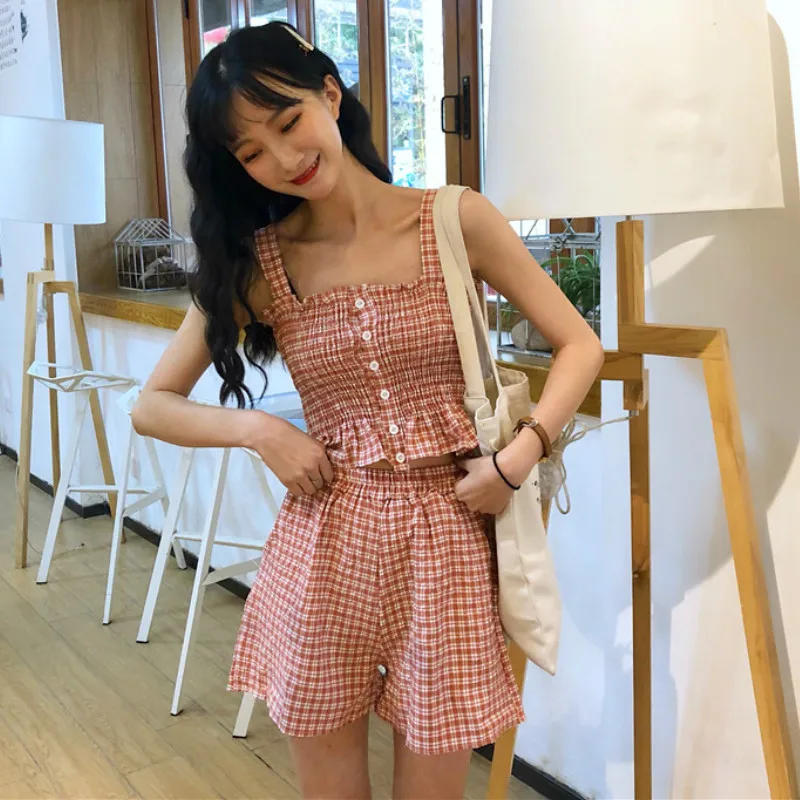 Korobov/Летний новый корейский комплект из двух предметов в клетку топ и штаны майка