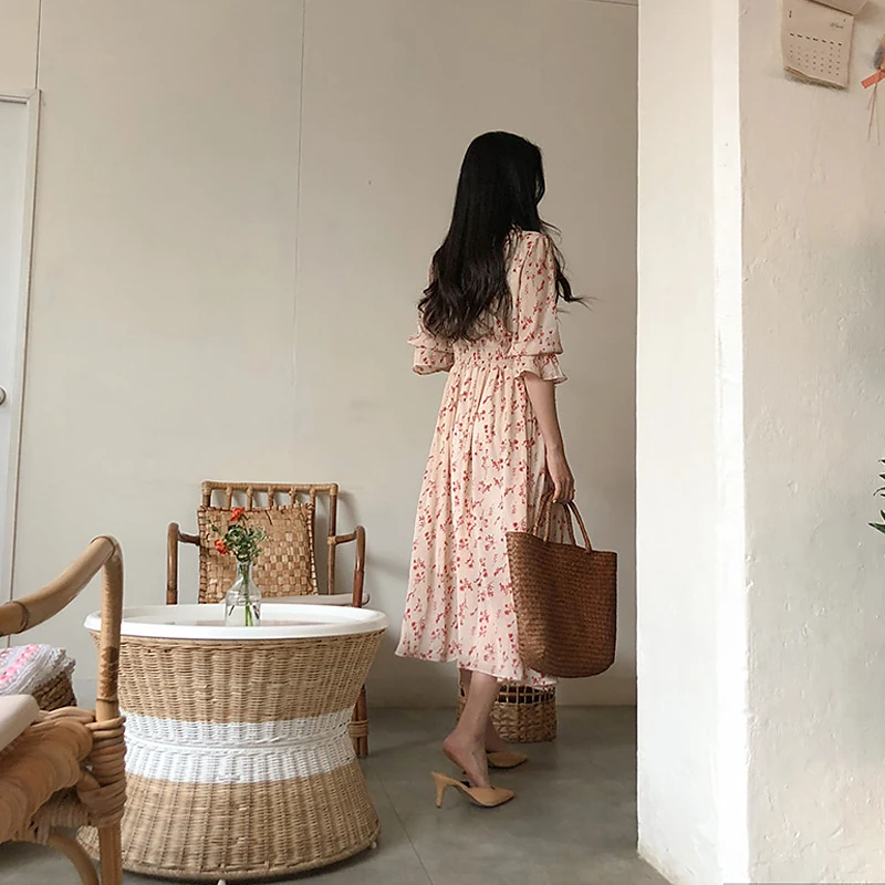 

New Women dress Print V-Neck Collect Waist Dresses Image Color With 9379
