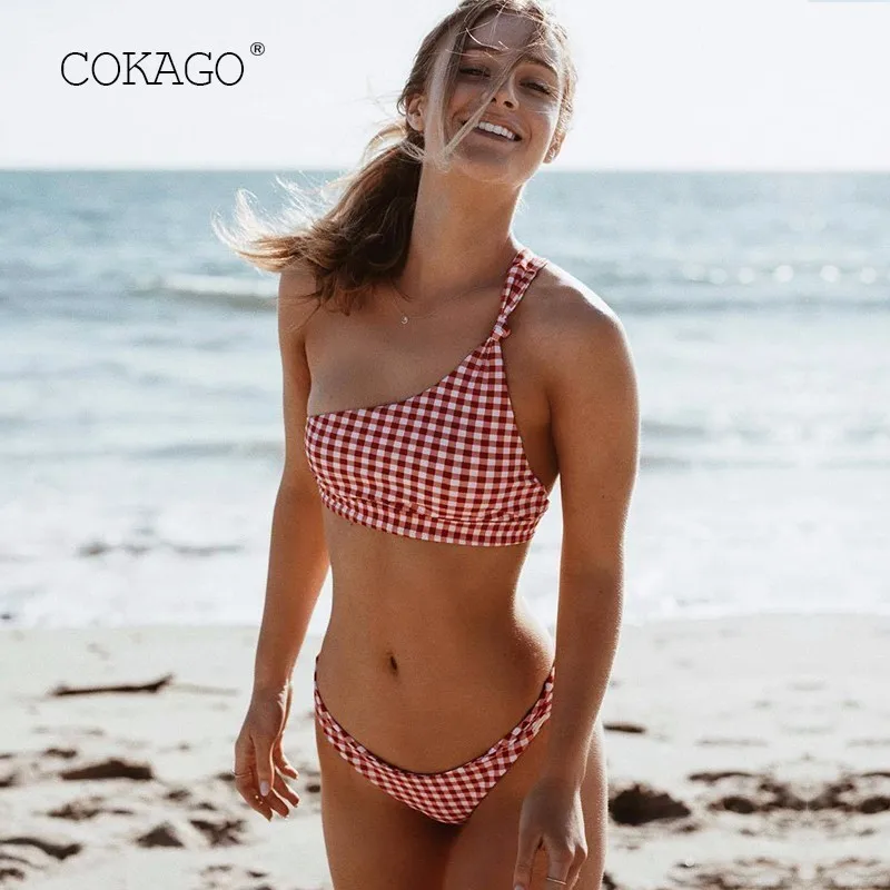 COKAGO красный/белый плед микро бикини Push Up одно плечо 2 шт. Купальник для женщин Лето