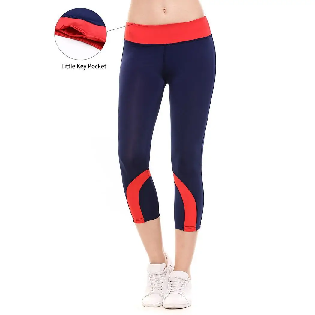 New Women Casual Contrast Color Patchwork Elastic Slim Yoga Pocket Three Quarter Pants Legging Waist | Спорт и развлечения