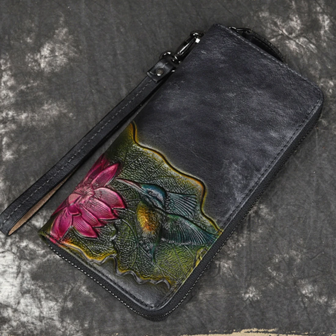

Genuine Leather Long Purse Money Handy Bag Cards Holder Bird Flower Vintage Female Cowhide Clutch Wrist Bags Women Zipper Wallet
