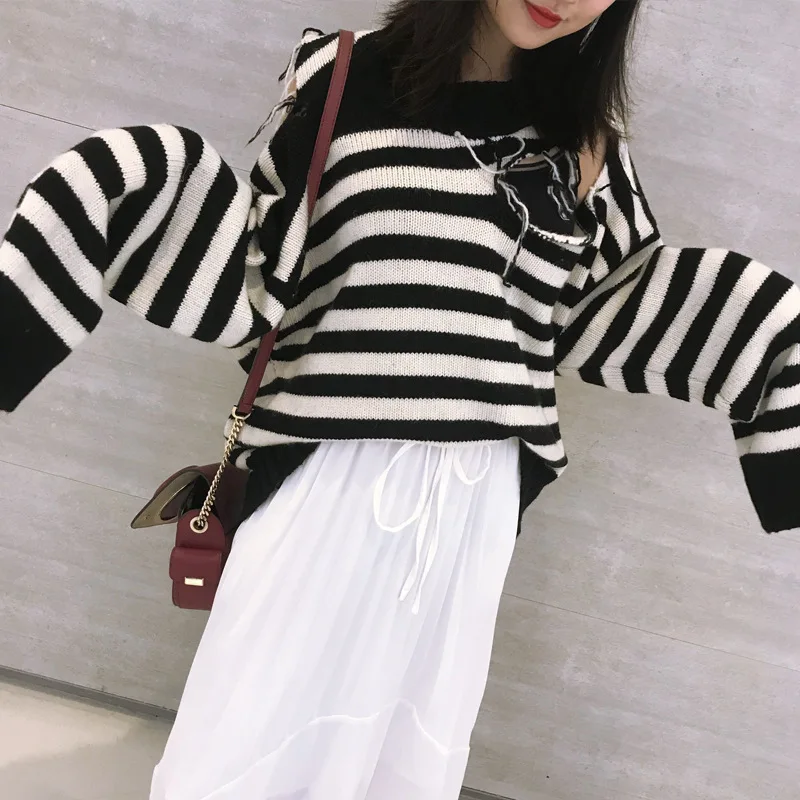 Новый женский Повседневный вязаный свитер с потертыми дырами свободный в