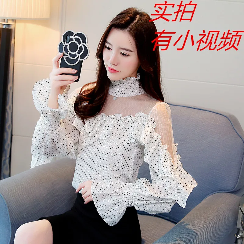 2019 spring female OL loose Ruffle Wave point shirt women's fashion net yarn splicing horn sleeve strapless Chiffon blouse | Женская