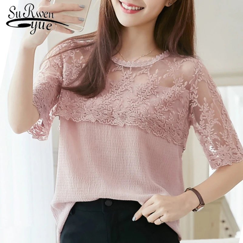 Сексуальное кружево летние топы Модные женские блузки 2019 короткий рукав шифон