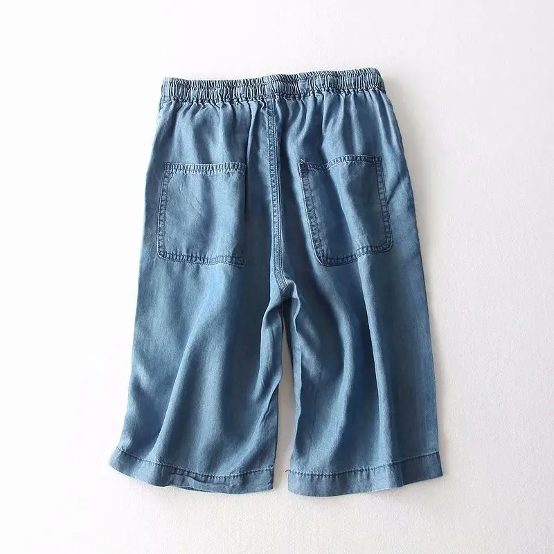 Прямые синие тонкие брюки до колена женские повседневные свободные с эластичной