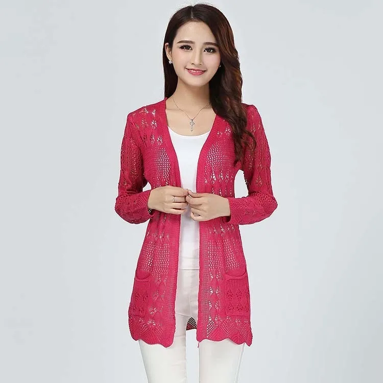 2019 Spring New Women Long Sleeve Knitting Cardigans Sweater Jacket Fashion Floral Hollow Out Candy Colors Pockets Sweaters |