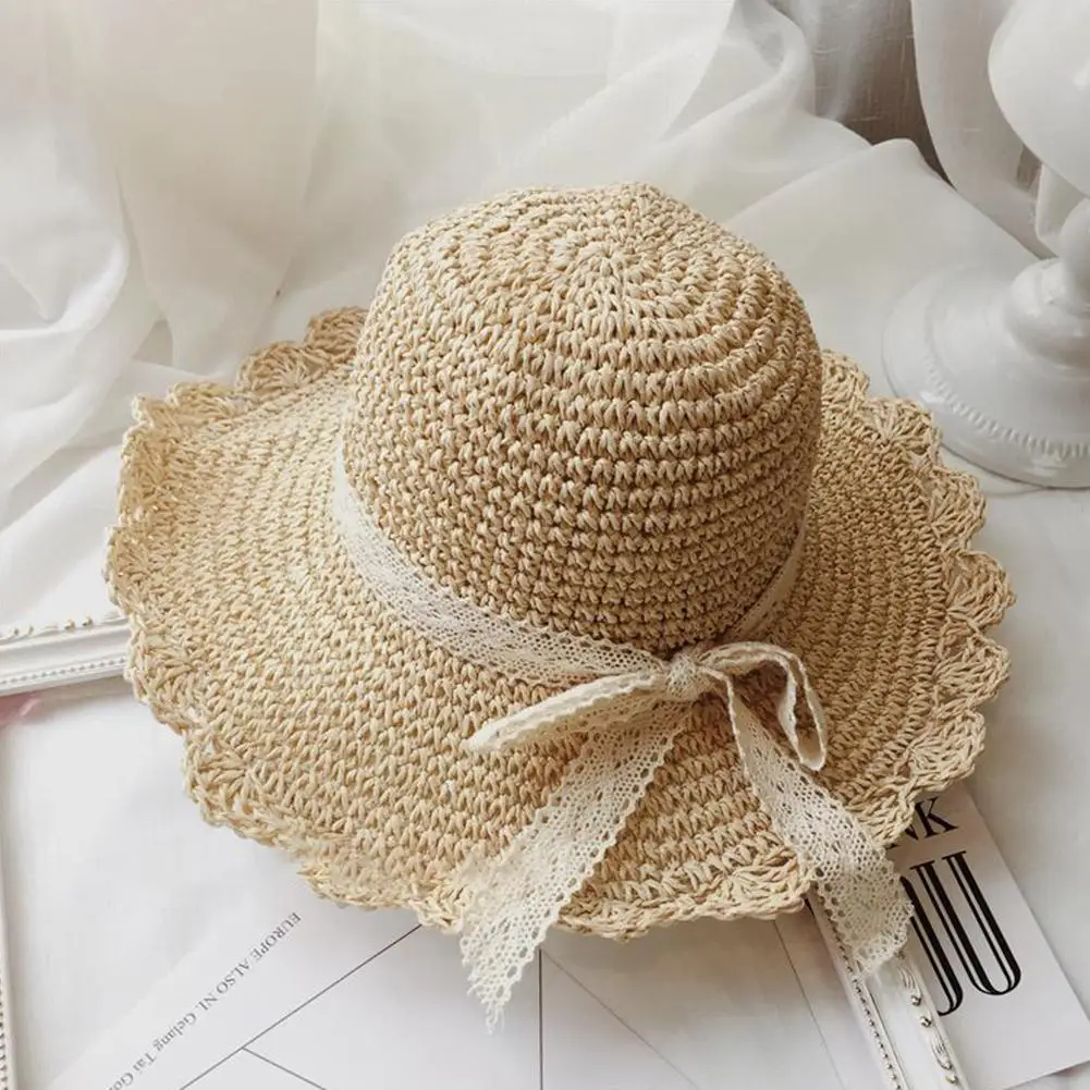 

MISSKY Women Caps Summer Straw Hat Hand Crocheted Bowknot Folding Beach Hat 2020 New