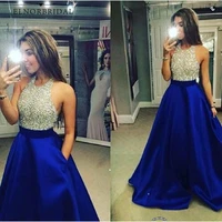 roayl blue beading crystal prom dresses 2021 vestido de fiesta open back formal party dress a line special occasion evening gown
