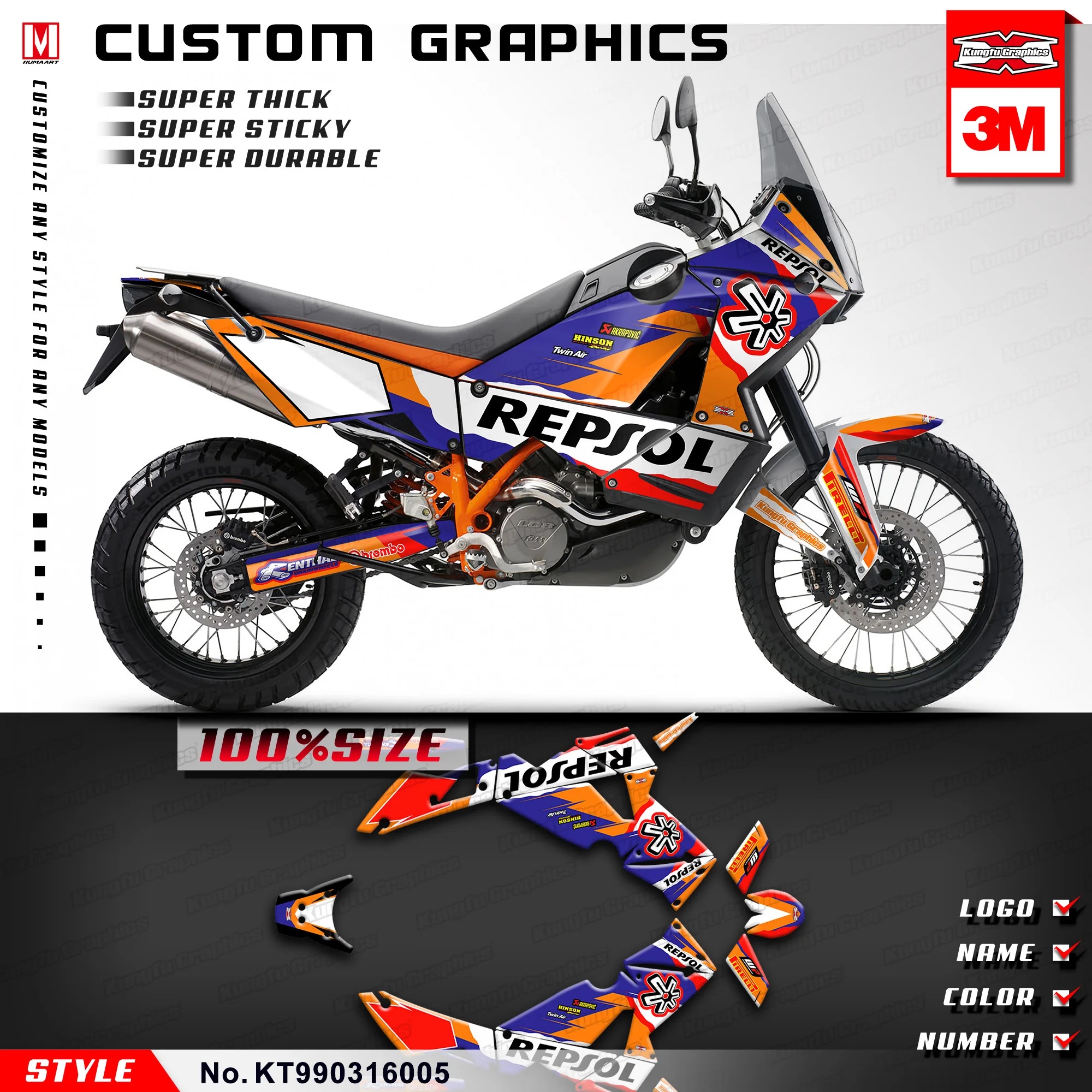 KUNGFU графика мотоцикл обертывание комплект наклейки для KTM 950 990 Adventure ADV 2003 до оранжевый(Стиль № KT990316005