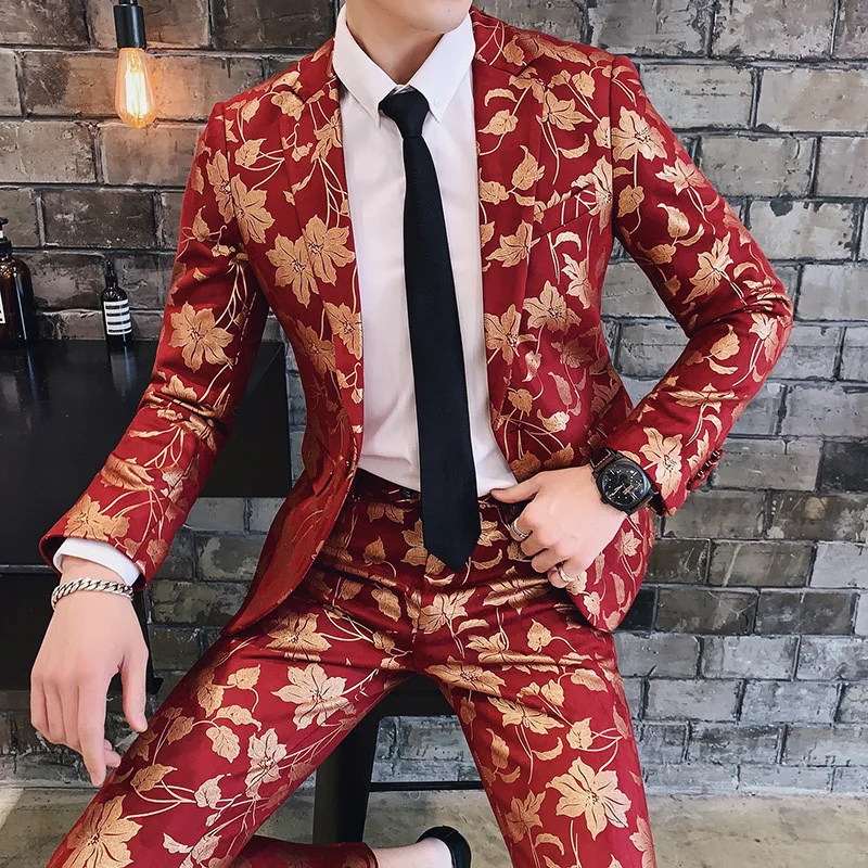 2018 Slim Fit смокинг Для мужчин s Синий Цветочный принт костюм Нарядные Костюмы для