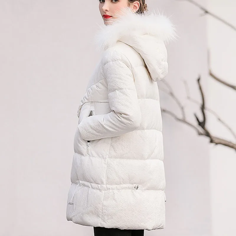 Women Winter White Big Fur Collar Duck Down Parka Warm Coat Jacket Female 2019 New Fashion Vintage Over The Knee Outerwear HJ63