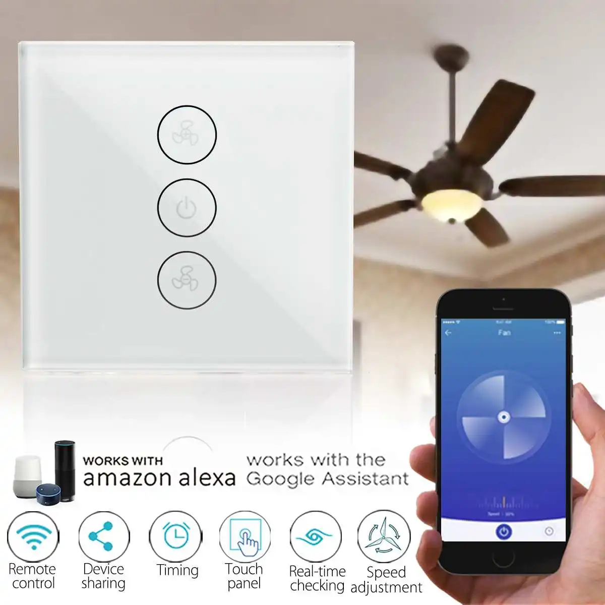 

Smart Ceiling Fan 3 Gang AU Switch Wifi APP Timer Control Speed Remote Panel Regulation Home Wall Switch Works With Alexa Google