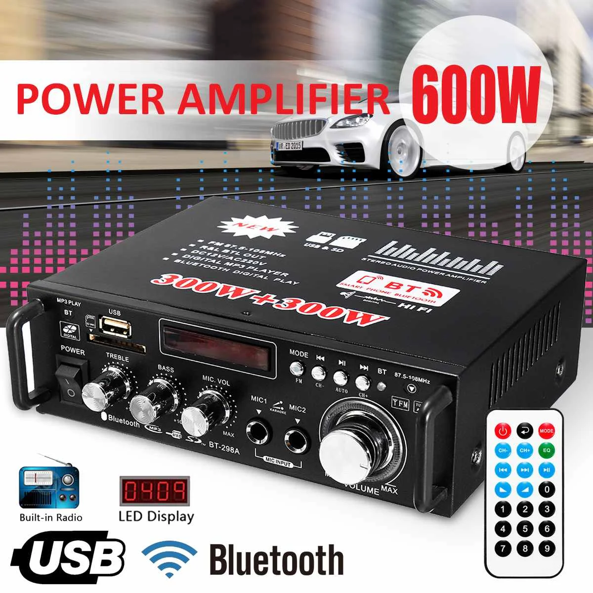 300 Вт+ 300 Вт 12/220V 2 канала Hi-Fi стерео аудио кабель Мощность усилитель bluetooth FM радио автомобиль Проекторы для домашнего кинотеатра музыкальный плеер