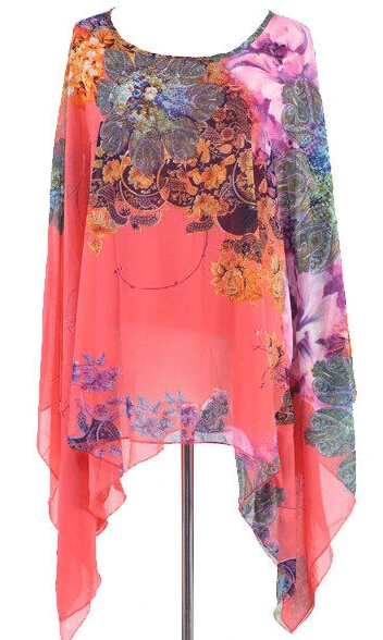 Wooho Loose Batwing Sleeve Chiffon Casual Blouse Shirt Tee Tops Blousemen Sexy Floral Print | Женская одежда
