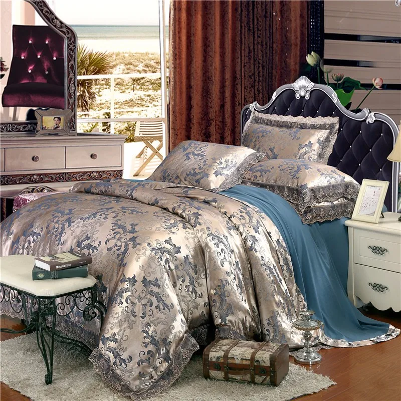comprar Conjunto De Roupa De Cama De Cetim Jacquard De Luxo Queen/king Size Conjunto De Cama De Cor Prata Ouro 4pcs Algodão Seda Renda Conjuntos De Capa De Edredão Lençol 40