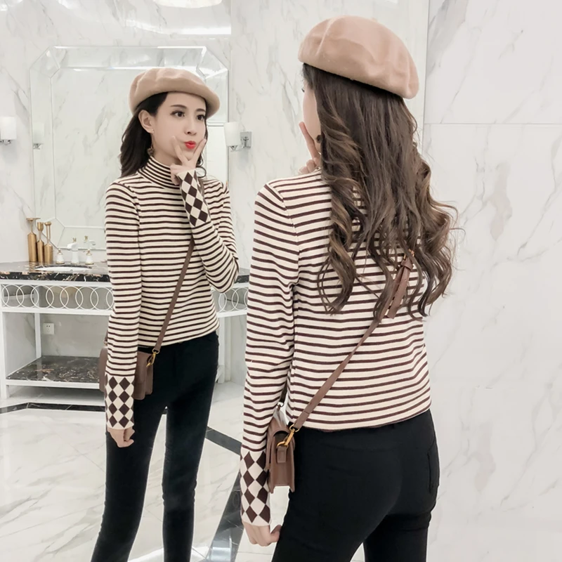 La MaxZa 2018 Autumn Winter New Fashion Black And White Striped Knitted Sweater Bottoming Half High Collar Woman 8177 | Женская одежда