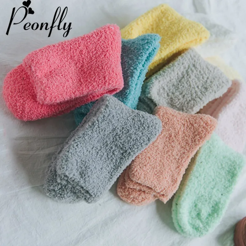 PEONFLY Thickening Solid Candy Color Cotton Socks women Autumn Winter Warm Lovely Coral Villus Towel Floor hosiery female | Женская