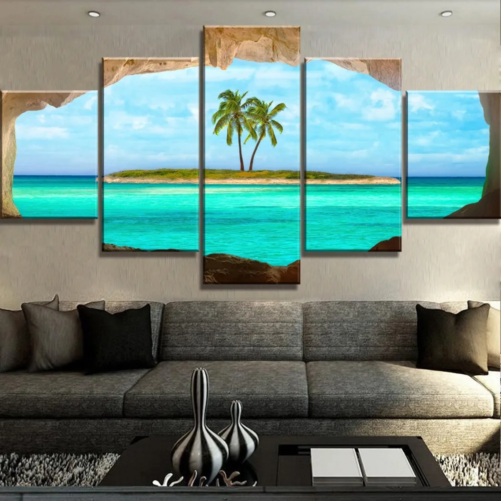 5 Piece HD Print Painting Island Cave Cuadros Landscape Canvas Wall Art Home Decor For Living Room Unique Gift Picture | Дом и сад